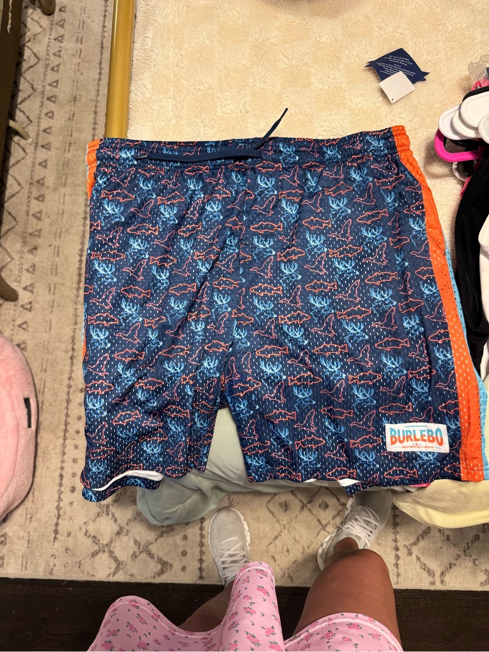 Boys' Blue Shark Print Swim Shorts with Orange Trim
